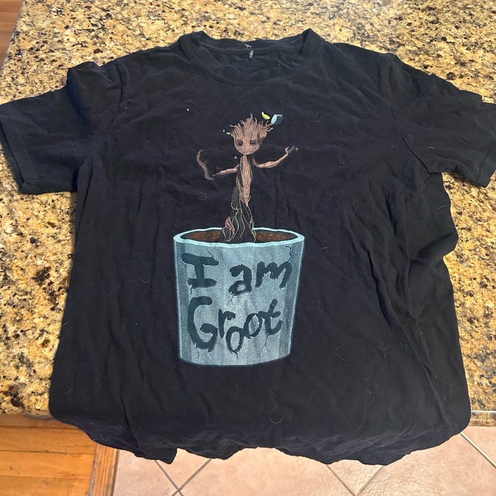 Black Tee with Groot and Plant Pot Design